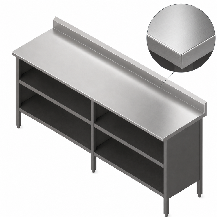 Product image #3 for 16-Gauge 300-Series Stainless Steel Enclosed Base Work Table with Open Front, 5-Inch Backsplash, and Stallion Safety Edge, 132 x 30 Inches