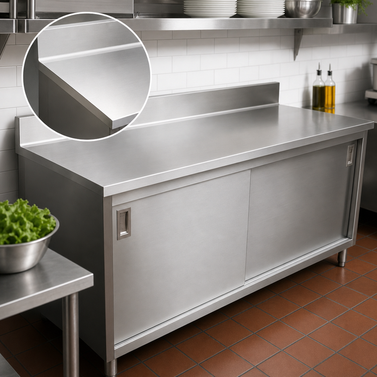Product image #3 for Omcan 60-Inch x 30-Inch Stainless Steel Enclosed Work Table with Sliding Doors and 6-Inch Backsplash