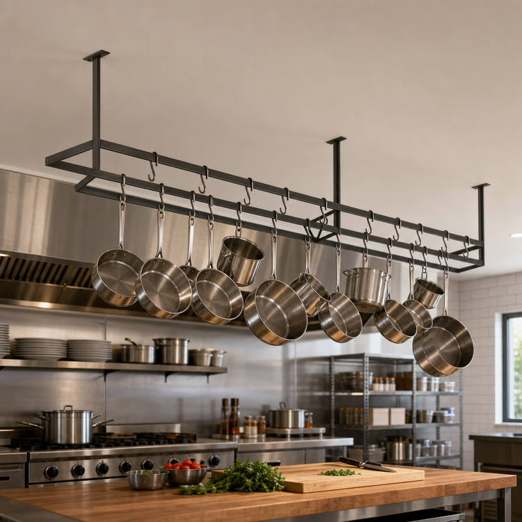 Product image #3 for John Boos PRD4-C Ceiling-Mounted Double-Bar Stainless Steel Pot Rack with 16 Double Hooks