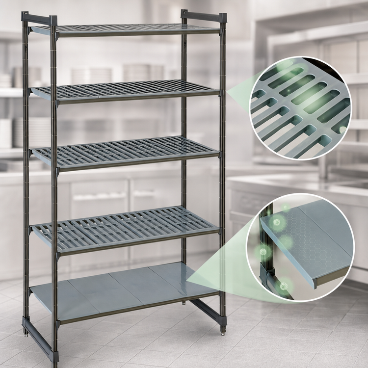 Product image #3 for Cambro Camshelving Basics Plus 5-Tier Stationary Starter Unit, 18 x 54 x 84 Inches, Vented and Solid, Brushed Graphite