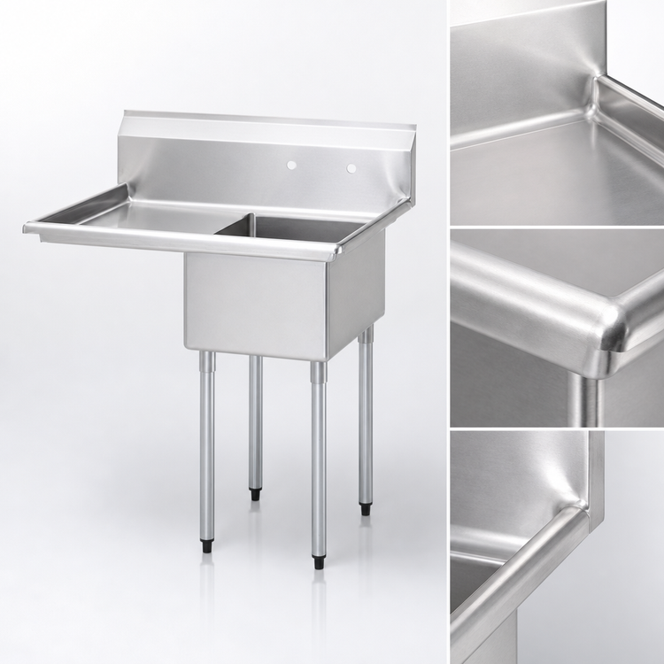 Product image #3 for Turbo Air 1-Compartment Stainless Steel Sink with 24-Inch Left-Hand Drainboard and 24 x 24 x 14 Inch Bowl