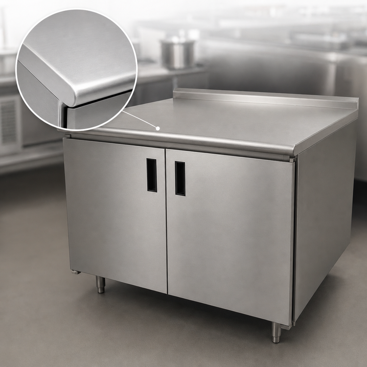 Product image #3 for Advance Tabco Enclosed Stainless Steel Work Table with Cabinet Base, 144 x 30 in., 14-Gauge Top, 1-1/2 in. Rear Up-Turn