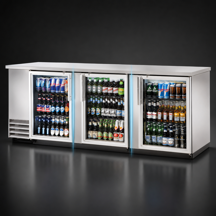 Product image #3 for Self-Contained Three-Section Back Bar Cooler with Locking Glass Doors, 90-3/8-Inch Wide, Stainless Steel Top