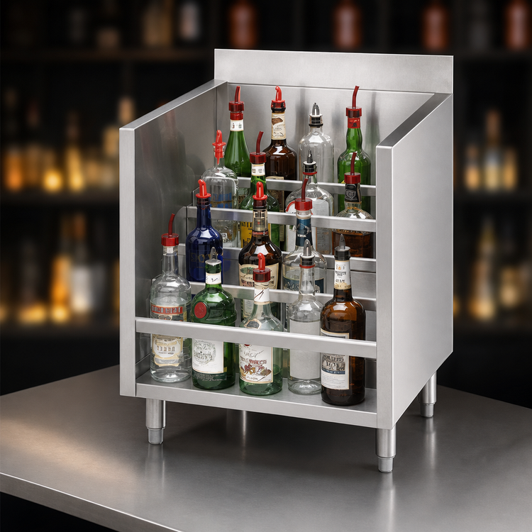 Product image #3 for Advance Tabco Underbar Basics™ 5-Step Freestanding Stainless Steel Liquor Bottle Display Unit