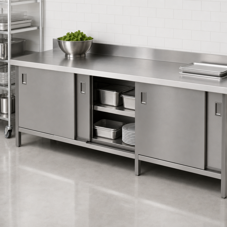 Product image #3 for John Boos Enclosed Stainless Steel Work Table with Sliding Doors and Undershelf, 144 x 24 Inch