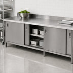 Thumbnail image #3 for John Boos EBSS6-24144 Enclosed Stainless Steel Work Table with Sliding Doors, 144 x 24 in, 16/300 Flat Top