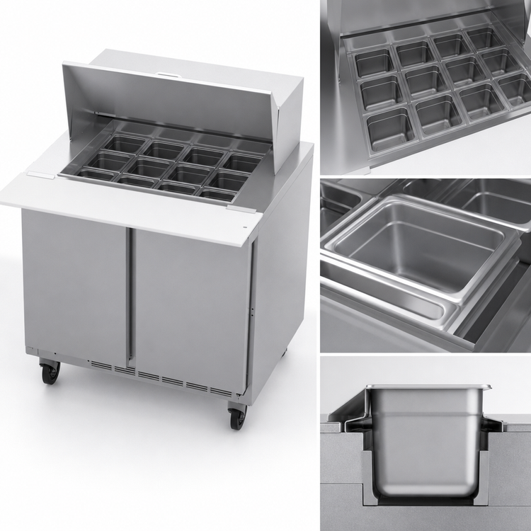 Product image #4 for Beverage Air Two-Section Mega Top Refrigerated Prep Table, 36-Inch Wide, 12-Pan Top