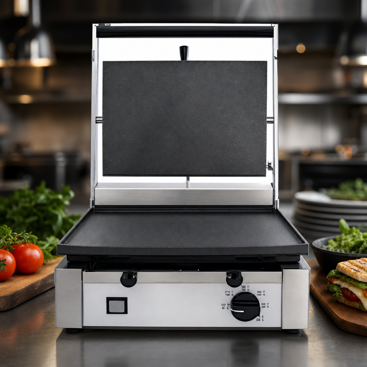 Product image #3 for Eurodib Single Countertop Panini Grill with Flat Cast Iron Top and Bottom Plates, 14.5 x 10 Inch, 220V