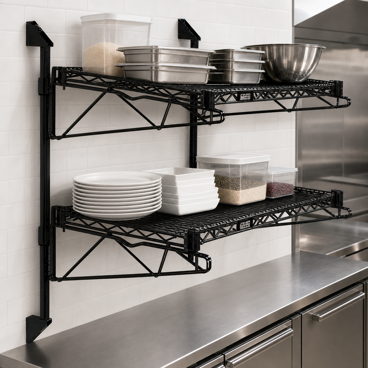 Product image #3 for Quantum Wall-Mount Cantilever Double Wire Shelf Unit, 72 x 14 Inches, Black Epoxy Antimicrobial Finish