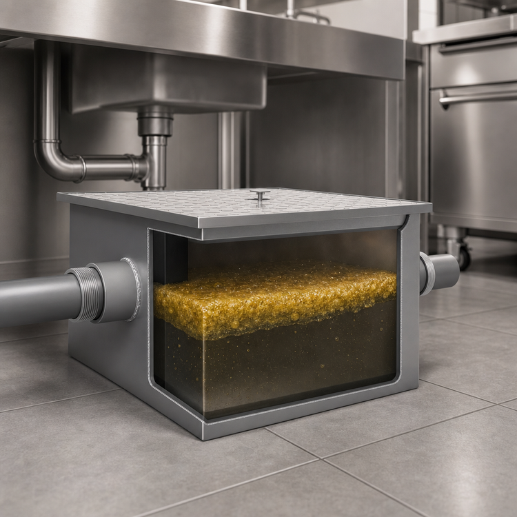 Product image #3 for Omcan 40 lb. Commercial Grease Trap with 20 GPM Flow Rate and 3-Inch Threaded Inlet/Outlet