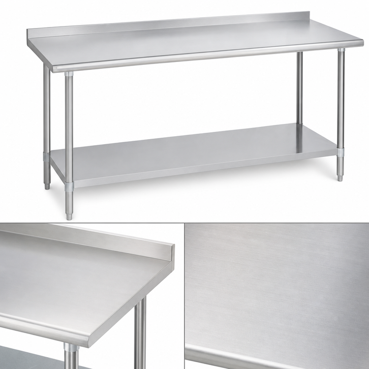 Product image #3 for Duke 144-Inch x 30-Inch 14-Gauge 300 Series Stainless Steel Work Table with 1-1/8-Inch Riser and Galvanized Undershelf