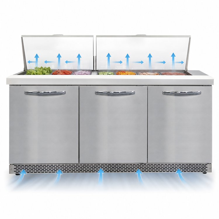Product image #3 for Continental Refrigerator Mighty Top SW72N27M-FB 72" Front Breather Three-Section Refrigerated Sandwich Prep Table