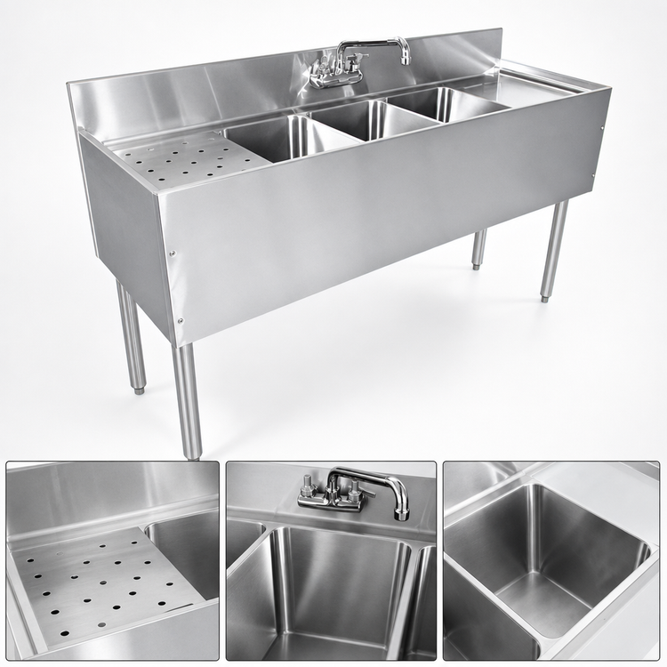 Product image #3 for CHOICE by Glastender Stainless Steel Three Compartment Underbar Sink Unit, 36" W x 24" D, Center Bowl