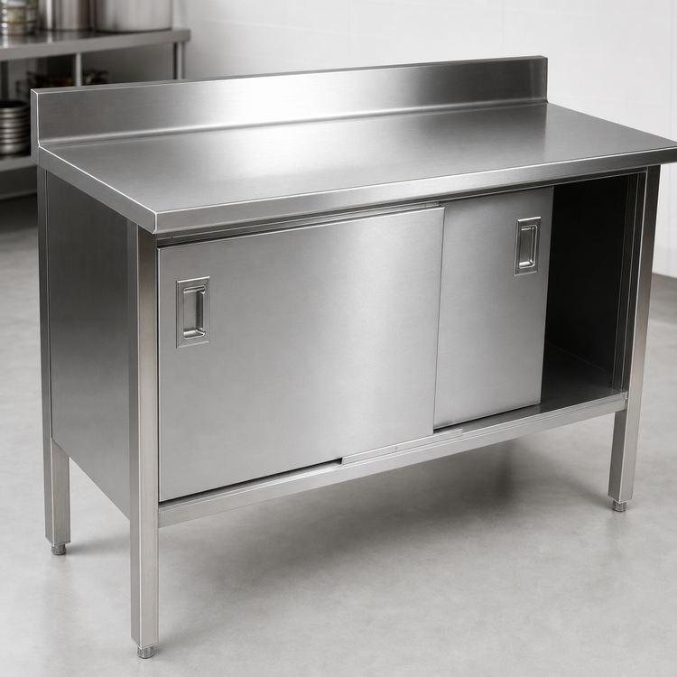 Product image #3 for John Boos 144" x 30" Enclosed Work Table with 14-Gauge 300 Series Stainless Steel Top, Cabinet Base, Sliding Doors, and 5" Backsplash
