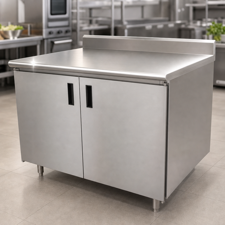 Product image #3 for Advance Tabco Special Value Economy Enclosed Work Table with Cabinet Base, Mid-Shelf and Hinged Doors, 72 x 30 Inch, 304 Stainless Steel Top