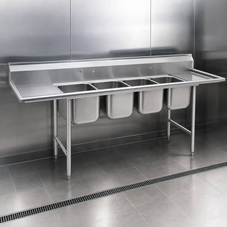 Product image #3 for Eagle Group 314 Series Four-Compartment 304 Stainless Steel Sink with Dual 18-Inch Drainboards