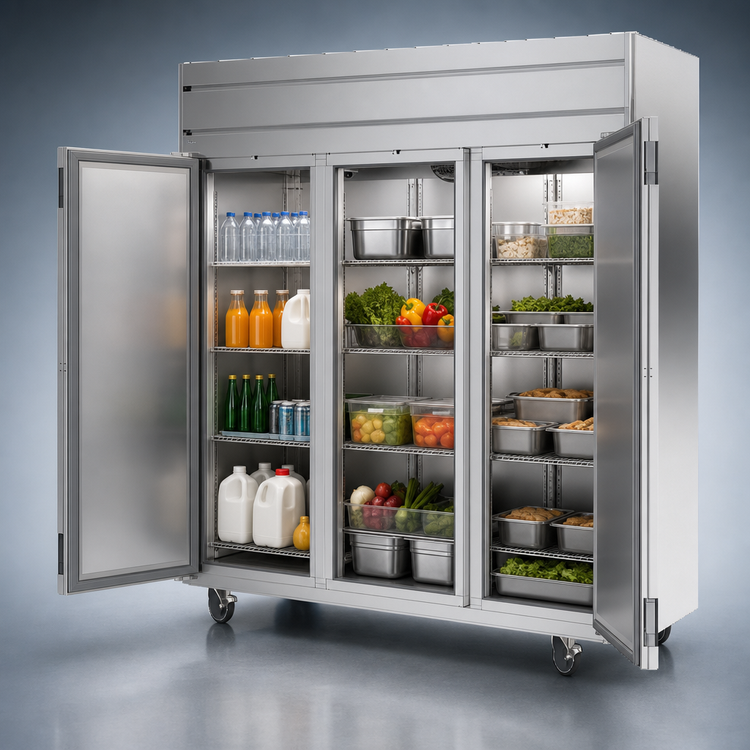 Product image #3 for Beverage-Air Horizon Series Three-Section Reach-In Refrigerator, 71.52 Cu. Ft., Solid Doors, Top-Mounted Self-Contained