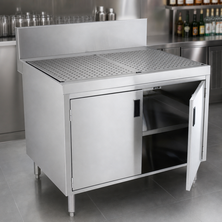 Product image #3 for Advance Tabco Prestige Supreme 42-Inch Stainless Steel Underbar Drainboard Cabinet with 7-Inch Backsplash and Removable Hinged Doors