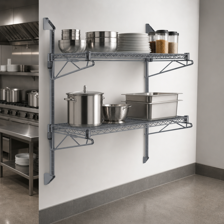 Product image #3 for Quantum Cantilever Double Shelf Wall-Mount Wire Shelving Unit, 2 x 60 x 12 Inch Shelves, Gray Epoxy Antimicrobial Finish