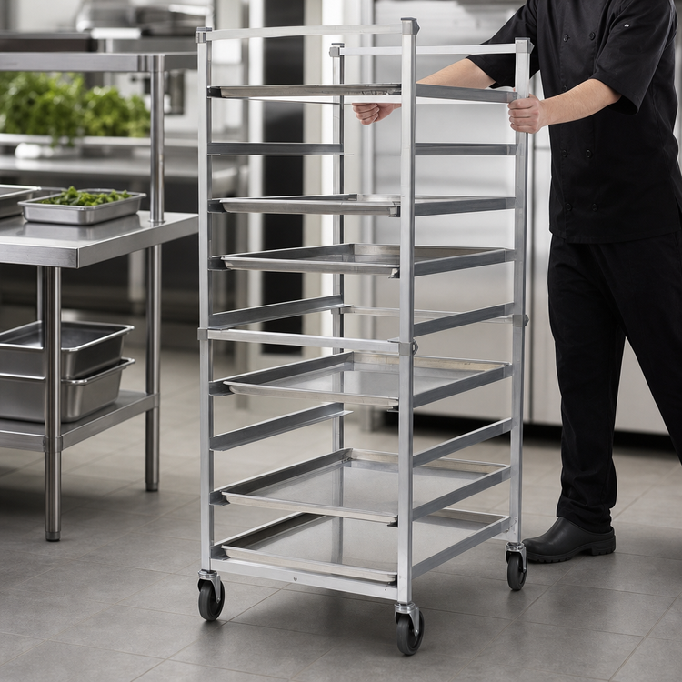Product image #3 for Panco Mobile Full-Height Open-Sided Utility Rack for 18" x 26" Trays, 11 Capacity, Aluminum