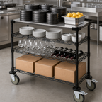 Thumbnail image #3 for Quantum WRC-1436WSBK-1SS Wine Display/Worktable Cart, 36"W x 14"D x 40"H, 1200 lb Capacity, Black Epoxy Finish