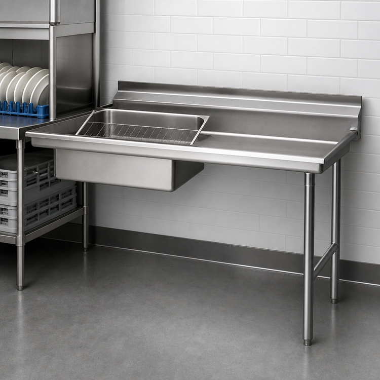 Product image #3 for Eagle Group 48 Inch x 30 Inch Straight Right-To-Left Soiled Dishtable with 20 x 20 x 5 Inch Pre-Rinse Sink and 8 Inch Backsplash