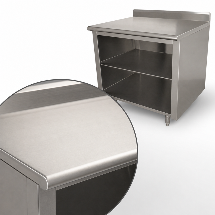 Product image #3 for Advance Tabco 144-Inch x 24-Inch 14 Gauge 304 Stainless Steel Open Front Cabinet Base Work Table with 5-Inch Backsplash and Fixed Mid Shelf
