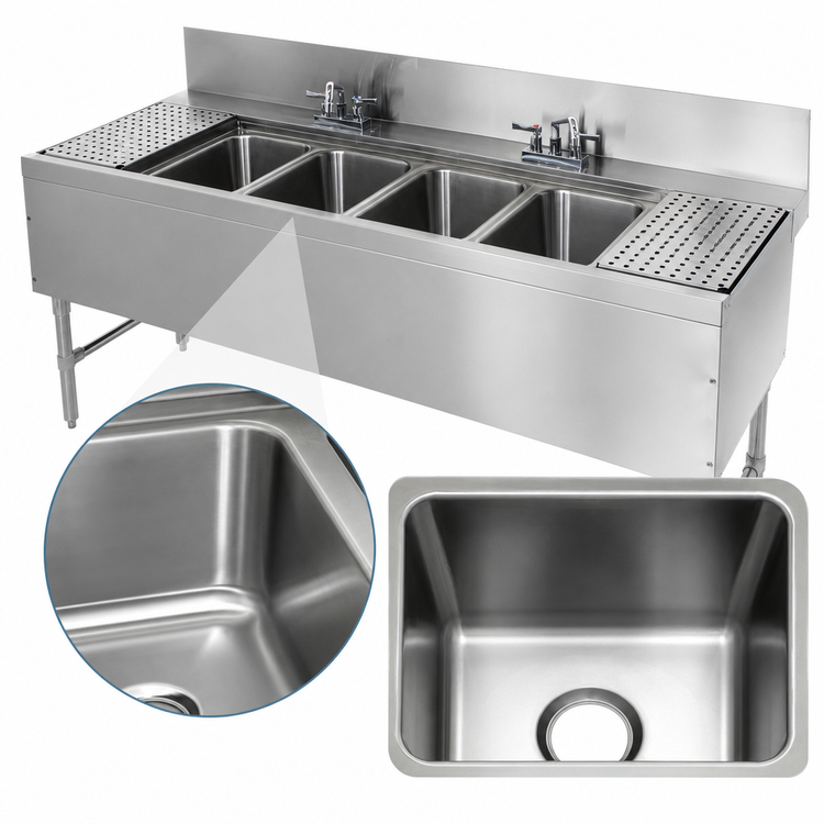 Product image #3 for Prestige Supreme 4-Compartment Stainless Steel Underbar Sink Unit with Drainboards and Deck-Mount Faucets, 84 x 25 Inches