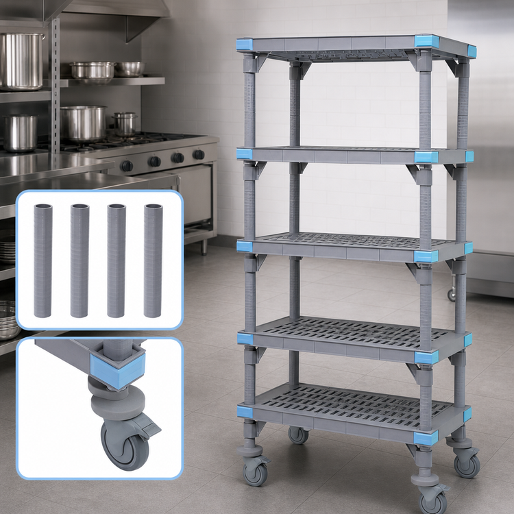 Product image #3 for Millenia 5-Shelf Mobile Open Grid Polymer Shelving Starter Unit, 42 x 24 x 62 Inches, Gray
