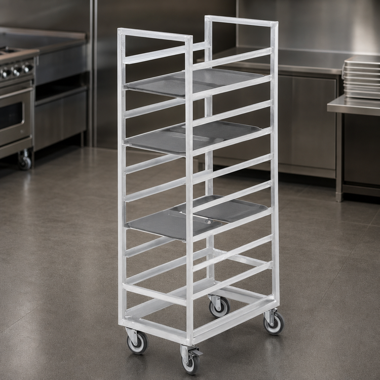 Product image #3 for Channel Standard Series Single-Section Aluminum End-Load Cafeteria Tray Rack, 18-Tray Capacity, 14" x 18" Tray Size, 36" Height, 5" Swivel Casters