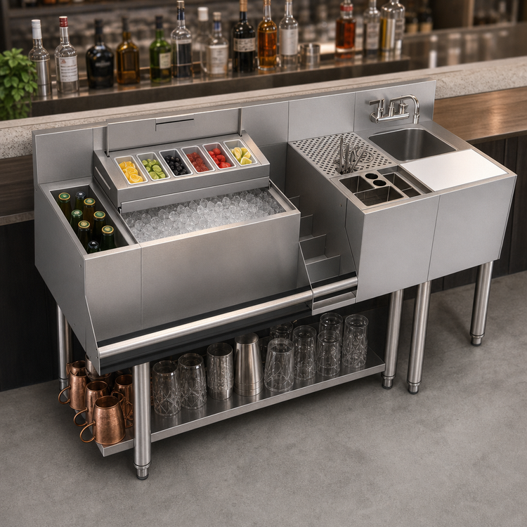 Product image #3 for 64-Inch Underbar Beverage Workstation with 24-Inch Ice Bin, 10-Circuit Cold Plate, and 12-Inch Dump Sink