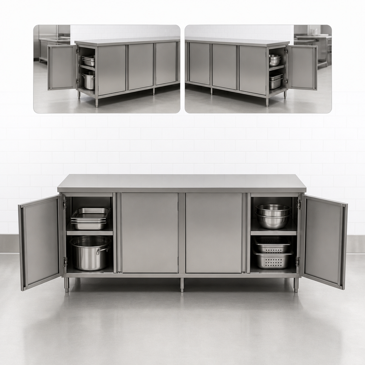 Product image #3 for BK Resources Dual-Access Stainless Steel Chef Table Cabinet Base with Locking Hinged Doors, 120 x 30 Inches