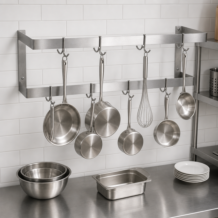 Product image #3 for John Boos PRW21A Wall-Mount Stainless Steel Double-Bar Pot Rack, 36 Inches, 6 Hooks