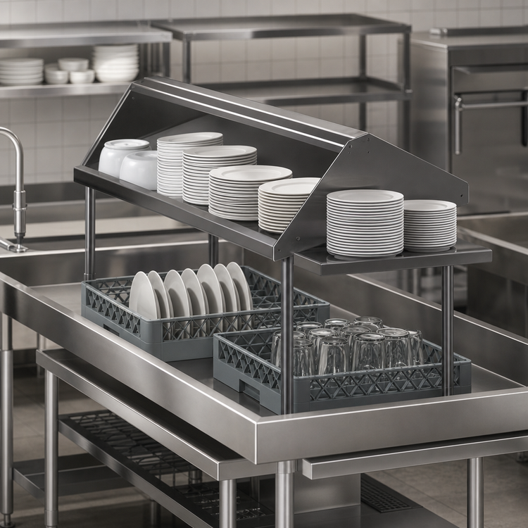 Product image #3 for John Boos Double-Sided Solid Stainless Steel Sorting Shelf for Soiled Dish Tables, 120 x 30-1/2 Inches