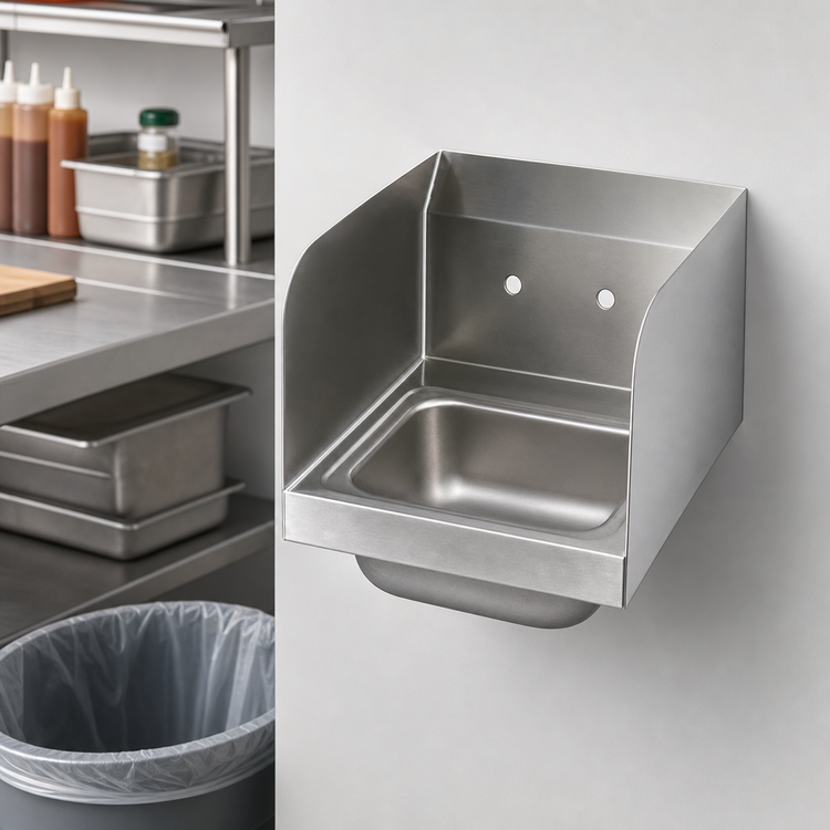 Product image #3 for BK Resources Space Saver Wall-Mount Stainless Steel Hand Sink with Dual Side Splashes, 9" x 9" x 5" Bowl