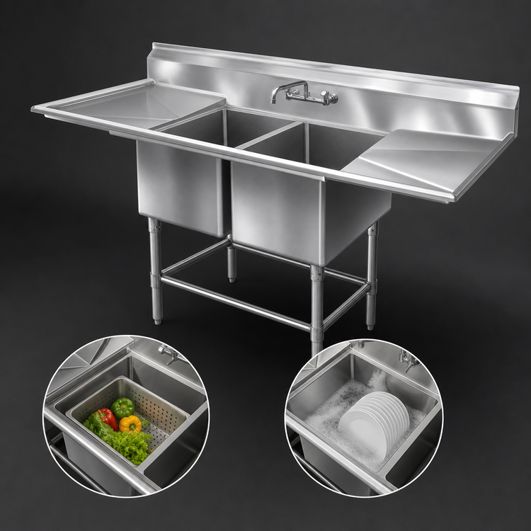 Product image #3 for Spec-Master FN Series Coved Corner Two-Compartment Stainless Steel Sink with 30-Inch Left Drainboard