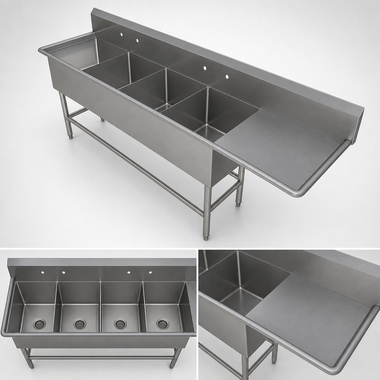 Product image #3 for John Boos Pro-Bowl 4-Compartment Sink with 24" Right Drainboard and 14" Deep Bowls