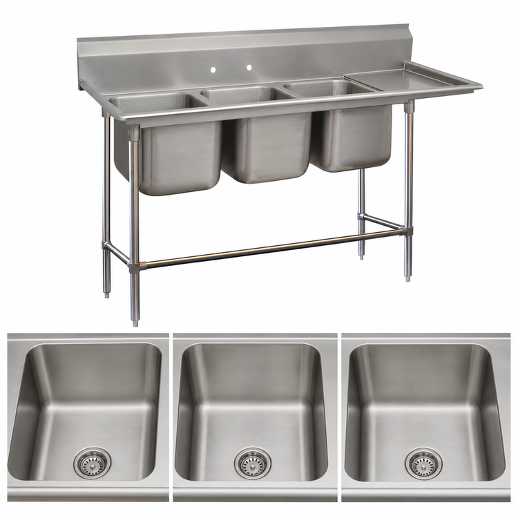 Product image #3 for 3-Compartment Commercial Sink with Right-Hand Drainboard, 14 Gauge 304 Stainless Steel, 106-3/8 Inch