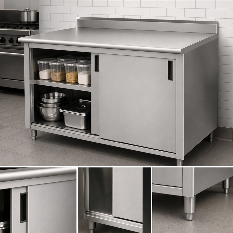 Product image #3 for Advance Tabco 72-Inch x 36-Inch Enclosed Work Table with Sliding Doors and 14 Gauge 304 Stainless Steel Top