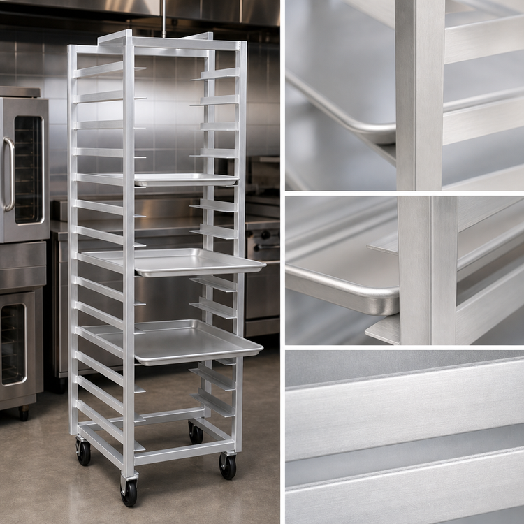 Product image #3 for Channel Standard Heavy-Duty Single Section Side-Loading Aluminum Oven Rack, 30-Pan Capacity, 4-Inch Phenolic Casters