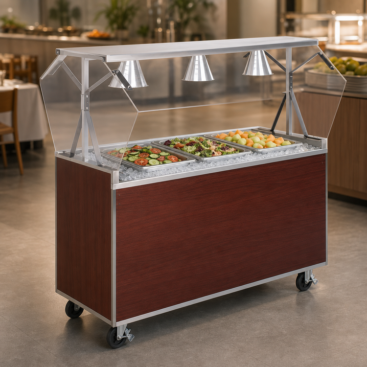 Product image #3 for Vollrath 2-Series Affordable Portable 46-Inch 3-Pan Non-Refrigerated Cold Food Station with Cherry Woodgrain Storage Base, Buffet Breath Guard, and Locking Casters
