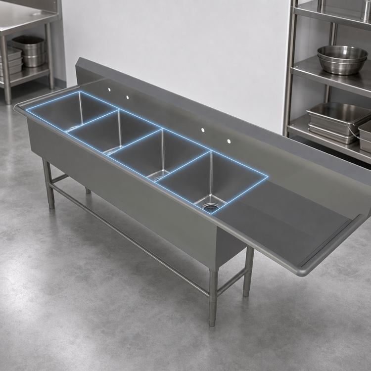 Product image #3 for John Boos Pro-Bowl 4-Compartment Floor Model Sink with Right Drainboard, 24 x 24 x 14 Inch Bowls