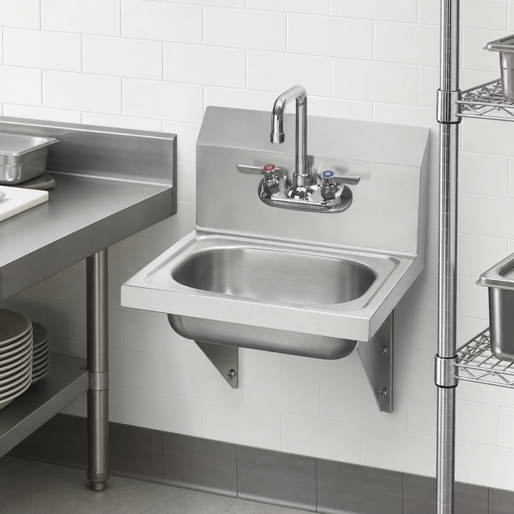 Product image #3 for Krowne Wall-Mount Stainless Steel Hand Sink with 14 x 10 x 5-Inch Bowl, Gooseneck Faucet, Backsplash, and Mounting Bracket