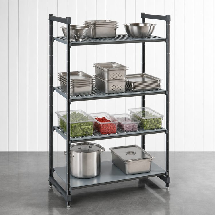 Product image #3 for Cambro Camshelving Basics Plus 4-Tier Stationary Starter Shelving Unit, 18 x 60 x 64 Inches, 3 Vented + 1 Solid Shelf, Brushed Graphite