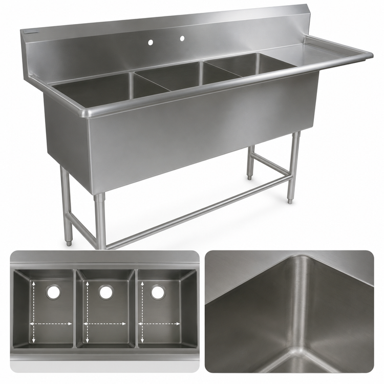Product image #3 for John Boos Pro-Bowl 3-Compartment Stainless Steel Sink with 30-Inch Right Drainboard, 20 x 20 x 12-Inch Bowls