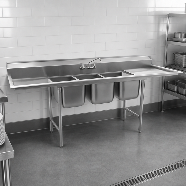 Product image #3 for Eagle Group 314 Series 80-3/4-Inch Wide 3-Compartment Sink with Right-Hand Drainboard, 304 Stainless Steel