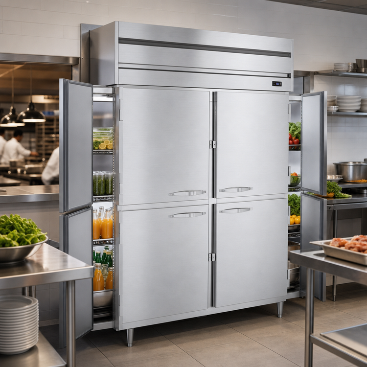 Product image #3 for Beverage-Air P-Series Two-Section Pass-Thru Reach-In Refrigerator with 8 Solid Half Doors, 48.33 Cu. Ft., Top-Mounted Self-Contained Refrigeration