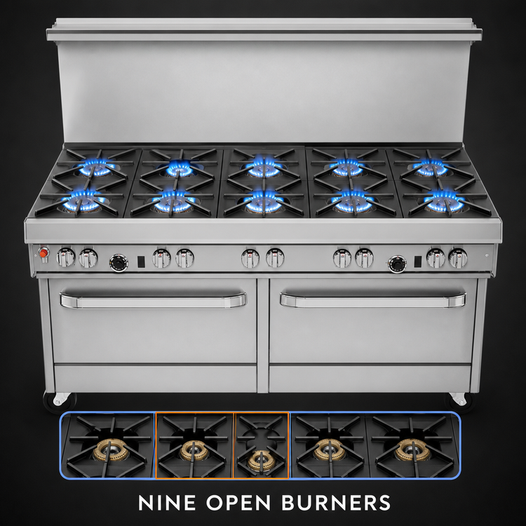 Product image #3 for Ultimate 60-Inch Commercial Gas Restaurant Range with 9 Open Burners and 2 Standard Ovens