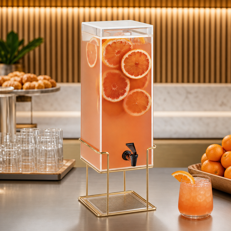 Product image #3 for Mid-Century 3 Gallon Square Beverage Dispenser with Infusion Chamber, Drip Tray, and Brass Wire Base