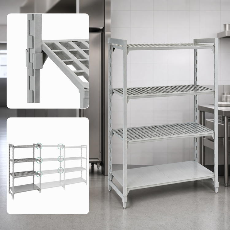 Product image #4 for Cambro Camshelving Premium 4-Tier Stationary Starter Unit, 30 x 24 x 64 Inches, 3 Vented + 1 Solid Shelves, Speckled Gray